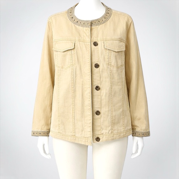 Avenue Khaki Denim Embellished Jewel Neck & Cuff Jacket - Picture 10 of 12